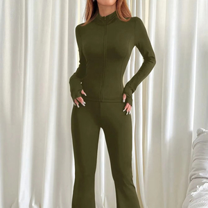 Ensemble de jogging pour femme, coupe slim, coton et polyester, sweat à capuche zippé, tenue de sport, vêtements de fitness, ensemble d'entraînement - Product Image 1