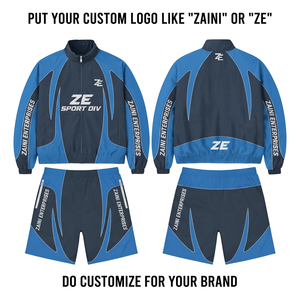 Premium 120 GSM Polyester Memory Fabric Winter Windbreaker Hooded Short <b>Set</b> Blue Black Custom Logo Embroidery Print - Product Image 1