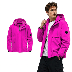 Men's Light Gray Hooded Stand Collar Windproof <b>Zipper</b> <b>Jacket</b> Casual Outerwear with Pockets and Logo Patch on Sleeve - Product Image 6