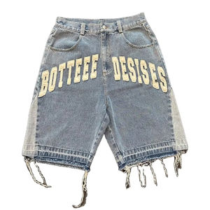 Custom Streetwear Heavyweight Cargo Denim <b>Shorts</b> for <b>Men</b> with Embroidered Patches Raw Hem & Distressed Cut Edge Wholesale - Product Image 5