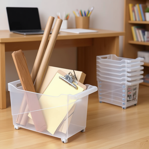 Carrello portaoggetti con contenitore in plastica trasparente con ruote, impilabile, di media capacità, design rettangolare per l'organizzazione di casa e ufficio - Product Image 3