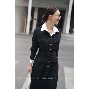 Robe midi trapèze à col contrastant et ceinture, manches longues, boutonnée sur le devant, découpes, style décontracté et professionnel pour femme [V9039] - Product Image 5