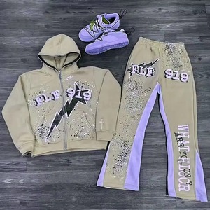 High quality custom two-piece Fleece jogger suit full zip Pullover hoodie flared sweatpants <b>Screen</b> printed logo men 2026 - Product Image 2