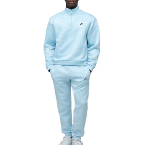 Customized Light Blue Quarter Zip Heavyweight Hoodies sets Low MOQ Wholesale Streetwear Men Solid Regular Fit Fleece Wholesale - Product Image 1