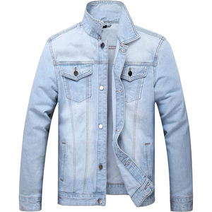 Chaqueta de Mezclilla Azul Claro para Hombre, Corte Regular, Cierre con Cordón, Estilo Vintage, Impermeable, Tela de Algodón Lavada con Piedras, para Primavera - Product Image 1