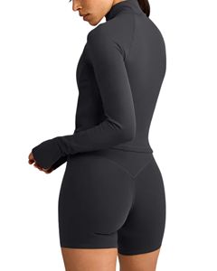 <b>Women's</b> Cropped Yoga <b>Jacket</b> Full Zip Thumbholes Stand Collar Skinny Fit Breathable Water Resistant Four-Way Stretch Running Coat - Product Image 2