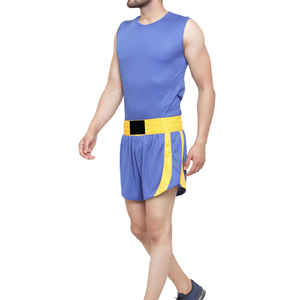Ensemble gilet et short de boxe bleus sans manches avec bordure jaune, respirant, coupe élastique, pour hommes adultes, équipement de sport de protection - Product Image 6