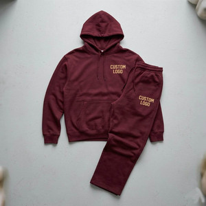 Conjunto de chándal con capucha color granate con logo personalizado, de algodón, estilo casual para adultos, estilo otoñal, conjunto de entrenamiento. - Product Image 3
