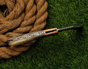 Premium Handmade Damascus steel folding <b>Knife</b> with Brass & <b>Bone</b> <b>Handle</b> - Brass Bolster Exquisite Artistry - Product Image 5