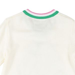 Ivory AKA V Neck Sweater With Pink Green Trim Embroidered Crest Pullover Knit <b>Top</b> Stylish Casual Apparel For <b>Women</b> - Product Image 5