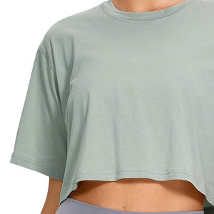Women 100 Cotton Cropped T Shirts Custom Logo Summer Workout Yoga Short Sleeve Solid Casual Athletic Tee - Product Image 4
