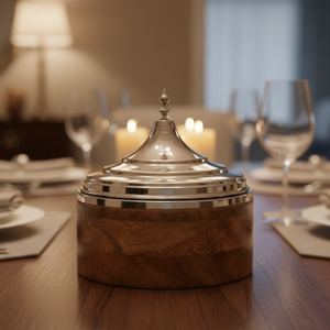 Casserole de service en bois d'acacia de luxe avec couvercle en acier inoxydable |   Réchaud alimentaire pour hotpot avec base en bois artisanale, vaisselle de designer - Product Image 2