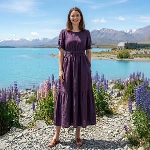 Organic 100% Cotton Vintage V-neck Bell Sleeve Midi <b>Dress</b> Women High Waist Tiered A-Line Breathable Plain Dyed Handmade Summer - Product Image 1