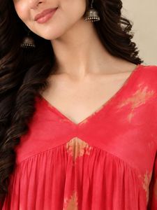Red Tie Dye Chiffon Maxi <b>Dress</b> V-Neck Lantern Sleeve Boho A-Line <b>Loose</b> Fit <b>Summer</b> Casual <b>Dress</b> - Product Image 5