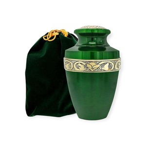 Urna Funeraria Verde de Lujo con Banda Decorativa Dorada y Bolsa de Terciopelo para Cenizas de Adultos - Product Image 1