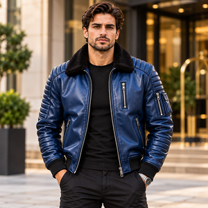 Blouson moto en cuir véritable bleu roi pour homme avec col en peau de mouton noir, poche zippée sur la poitrine, poignets côtelés et style urbain moderne - Product Image 4