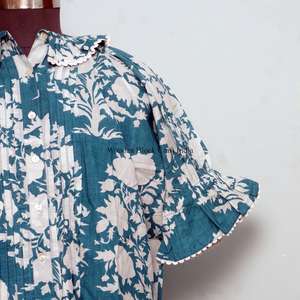 Túnica Moderna con Estampado Floral, 100% Algodón Lavable, Estilo Casual Femenino, Cuello Mandarín con Volantes, Manga Media, Mini - Product Image 2