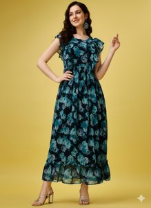 Vestido Largo de Georgette con Estampado Floral de Diseñador, con Forro de Crepé, Cuello Redondo, Manga Corta, Completamente Cosido, Estilo Étnico Fusion, Venta al Por Mayor - Product Image 4