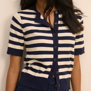 <b>Women</b> Striped Knit <b>Cardigan</b> Short Sleeve O-Neck <b>Button</b> Front 100% Cotton Nautical Style All Seasons Regular Fit - Product Image 2