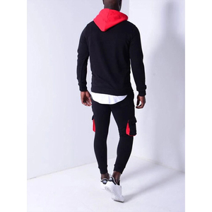 Survêtement imprimé respirant à capuche pour homme, noir et rouge contrastant, manches longues, coupe classique, streetwear, tenue d'automne, fermeture à cordon - Product Image 4