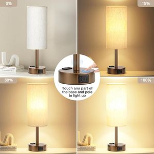 Lampada da Comodino Marrone Dimmerabile a 3 Modalità con Porte di Ricarica USB-C e Presa AC, Piccola Lampada da Scrivania in Lino per Camera da Letto - Product Image 3
