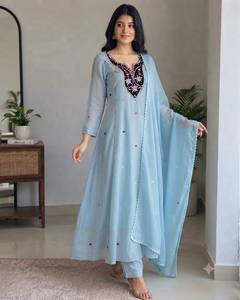 Light Blue Faux Georgette Anarkali <b>Kurti</b> Pant Set with Embroidered Dupatta Ethnic Wear <b>for</b> <b>Women</b> - Product Image 4