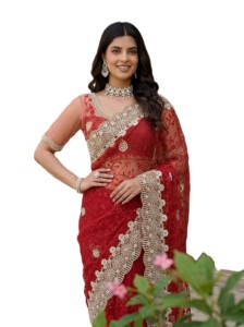 <b>Red</b> Embroidered Saree With Pearl Work For Wedding Women's Indian Ethnic Wear Traditional Floor Length Sari - Product Image 5