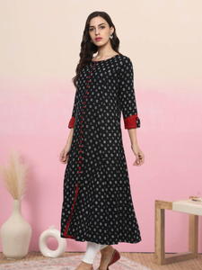 Kurta Anarkali noire en coton imprimé pour femme, col rond, manches trois-quarts, conçue pour un usage décontracté et festif ethnique mondial - Product Image 2