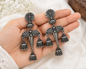 Bulk Order Oxidized <b>Silver</b> Plated <b>Drop</b> <b>Earrings</b> with Ethnic Design from Rajasthan Women's Anniversary Gift Wholesale Supplier - Product Image 3