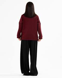 Sweat-shirt à col rond ample et tendance pour femme, couleur bordeaux, à manches longues avec passepoil contrastant, idéal pour l'automne – Prix bas - Product Image 2