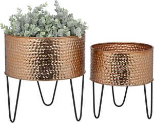 Ensemble de 2 pots de fleurs en cuivre martelé avec support en fer pour la décoration de la maison, du jardin et du sol, écologiques, durables, légers et biodégradables - Product Image 1