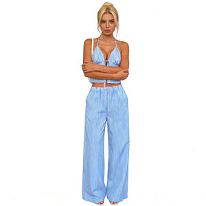Conjunto de 2 piezas a rayas azules y blancas para mujer, top corto con lazo en la parte delantera, pantalones de pierna ancha, ropa de verano para la playa - Product Image 1