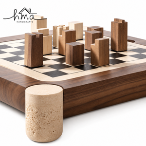 Jeu d'échecs en bois de noyer naturel et foncé, pièces coniques, plateau à damier géométrique, jeu de stratégie de luxe, décoration - Product Image 6
