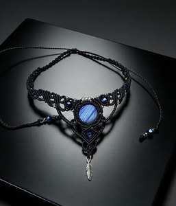 Handmade Macrame Blue Stone Choker <b>Necklace</b> Black Cord Boho <b>Statement</b> Pendant Feather Charm Adjustable Jewelry - Product Image 1