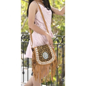 LW Handmade Brown Leather Saddle Bag <b>Unique</b> Leopard Cow Print Western Fringe Purse with Single Strap Vintage Dress Lady Style - Product Image 5