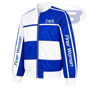 Zeta Phi Beta Sorority Finer Women Varsity <b>Jacket</b> Blue & <b>White</b> Color Block Zipper Front ZPB Logo Women's Baseball <b>Jacket</b> - Product Image 2