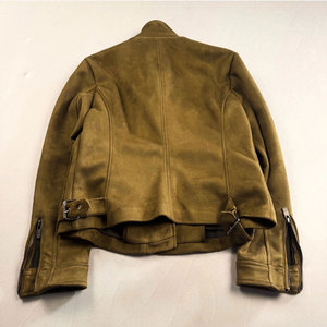 Vintage Olive Suede Leather <b>Jacket</b> Zip Up Biker Style Fitted Moto Coat Factory OEM ODM - Product Image 5
