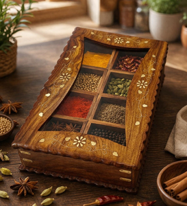 Boîte à épices en bois artisanale avec couvercle en verre incrusté de motifs floraux, détail en laiton, style Masala Dabba indien, organisateur de rangement pour épices de cuisine - Product Image 5