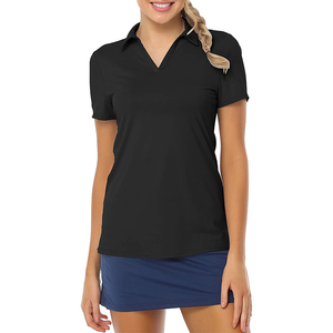 Women's <b>Black</b> V-<b>Neck</b> Short Sleeve <b>Polo</b> Tennis Shirt Fitted Moisture Wicking Polyester Jersey <b>Top</b> All Seasons - Product Image 4