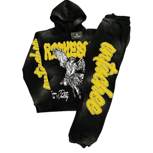 Ensemble de survêtement pour homme en molleton bouclette 100% coton, grammage lourd, style vintage, délavé à l'acide et effet soleil, avec impression DTG (pantalon de survêtement et sweat à capuche) - Product Image 1