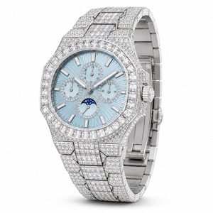 Luxury Women's Diamond Watch Stainless Steel Band Analog Mechanical <b>Chronograph</b> Round Case Blue Dial - Product Image 3