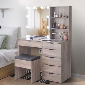Set Toeletta dal Design Moderno con 6 Cassetti, 2 Ripiani, 3 Lampadine, Specchio e Armadietto in Legno Impiallacciato Triamine e Pannello MDF per Camera da Letto - Product Image 1