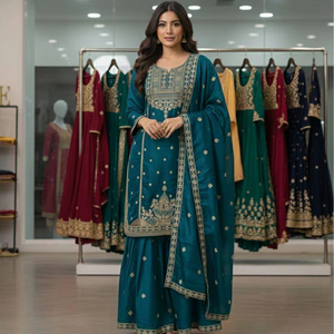 Ensemble Sharara en soie Royal GMY avec broderie de sequins complexes et dupatta élégant - Product Image 1