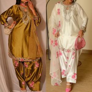 Elegant Gold Silk Salwar Kameez Set With Pink Floral Embroidery And <b>Sequin</b> Work Traditional Indian Wedding Outfit - Product Image 6