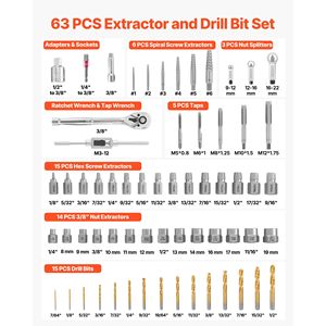Set Estrattore Viti in Acciaio Solido da 63 Pezzi con Divisori per Dadi, Maschi, Punte da Trapano, Chiavi e Adattatori - Rimozione Efficiente di Bulloni - Product Image 2