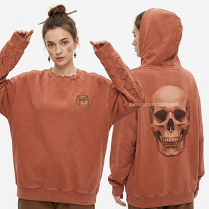 Sudadera con capucha naranja de 350GSM para mujer, con logo personalizado, estampado de calavera en la espalda, lavado mineral, proveedor mayorista - Product Image 1