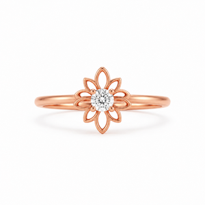 Bague Fleur en Or Rose 14K avec Diamant de Laboratoire CVD HPHT 3mm 0.10CT, Bague Florale Lotus Minimaliste, Bague Amour Éternel Botanique, Cadeau - Product Image 1