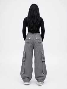 Pantalones Cargo Casuales Transpirables para Mujer, Cintura Alta, Color Gris, Pierna Ancha, Cordón Ajustable, Estilo Hip Hop Urbano con Bolsillos - Product Image 4