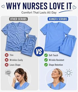 Ensemble de blouses médicales bleu clair pour femmes, manches courtes, col en V, coton et polyester tricoté, uniforme d'hôpital pour les professionnels de la santé - Product Image 5