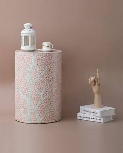 Pink Branch Motif Cylinder Accent Stools Mother of Pearl Handcrafted <b>Mosaic</b> Small Side Table For Living Room Bedroom Decor - Product Image 3